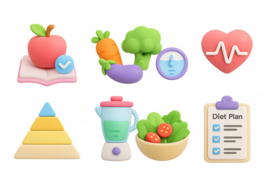 Colorful 3d diet and health icons featuring food, heartbeat, and kitchen elements