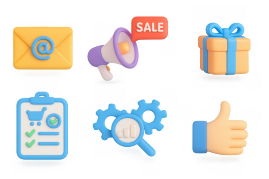 Colorful 3d icons for online shopping and communication elements