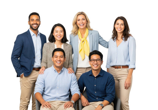Diverse group of six business professionals, men and women, smiling and looking at the camera, isolated on transparent background