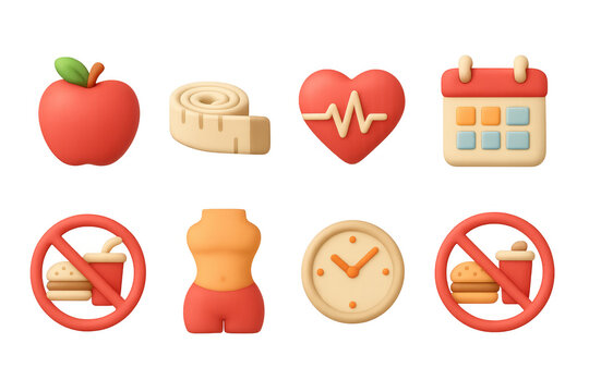 Colorful 3d icons for healthy lifestyle and fitness goals