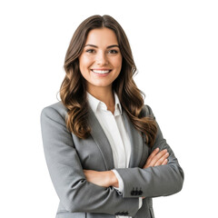 Confident business woman in a grey suit and white shirt smiling with arms crossed, isolated on transparent background