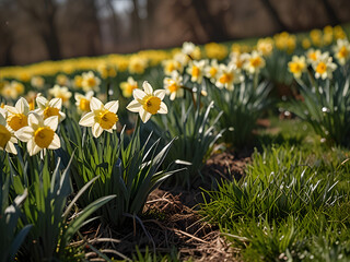 Obraz premium daffodil flowers with sunlight , yellow flowers garden