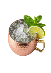 Photorealistic Moscow Mule cocktail in hammered copper mug with crushed ice, lime wedge, mint sprig, isolated on transparent, soft diffused light, 45-degree overhead, concept for beverage advertising