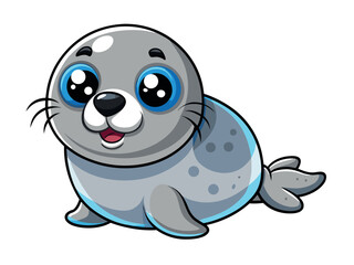 Adorable cartoon seal with big blue eyes isolated on white background