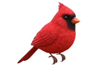 Isolated Northern Cardinal perched looking left, cartoon style bird with red plumage, crest