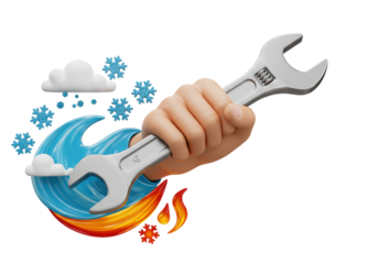 Isolated hand holding an adjustable wrench, water, snow, and fire elements illustration