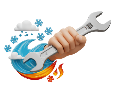 Isolated hand holding an adjustable wrench, water, snow, and fire elements illustration