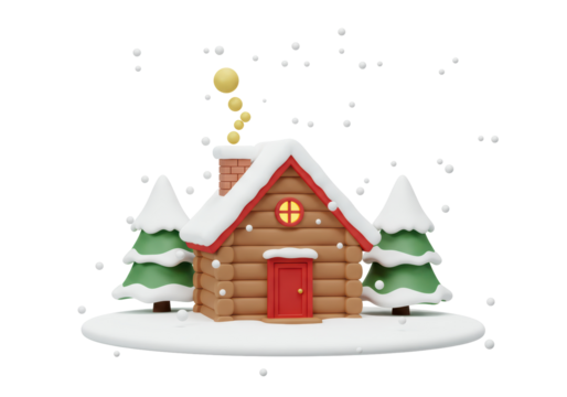 Isolated winter cabin with snow covered Christmas trees and snowflakes falling down