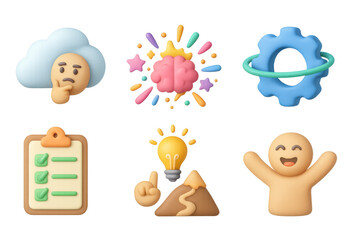 Creative 3d emoji set with brainstorming and problem-solving icons