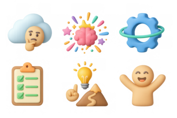 Creative 3d emoji set with brainstorming and problem-solving icons