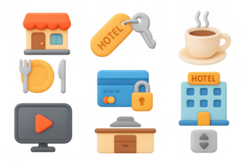 3d icons of restaurant, hotel, and technology elements with modern touch
