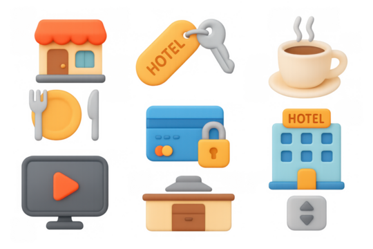 3d icons of restaurant, hotel, and technology elements with modern touch