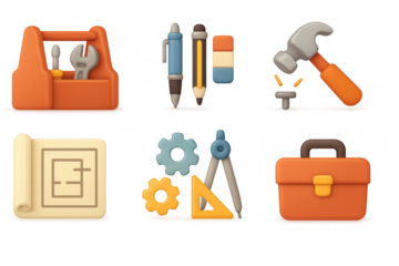 Colorful 3d tools and construction set with hammer, toolkit, and drafting elements