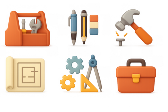 Colorful 3d tools and construction set with hammer, toolkit, and drafting elements