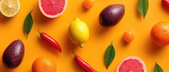 Vibrant fruit and pepper pattern on a bright yellow background