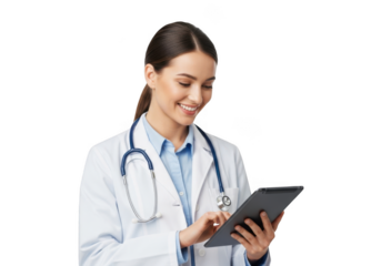 Young female doctor smiling while using a tablet computer, isolated on transparent background
