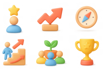 Colorful 3d business icons with growth, achievement, and success themes