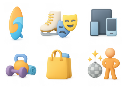 Colorful 3d icons of sports, entertainment, and technology for modern design