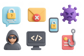 3d cybersecurity icons: hacker, malware, and phishing elements