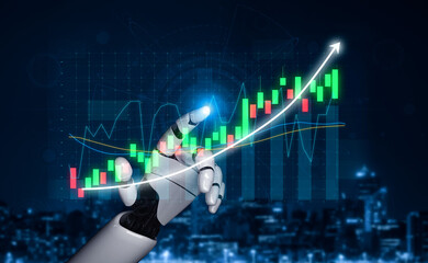 A robotic hand interacts with a rising stock market graph, symbolizing the fusion of technology and finance. The image represents growth and innovation. Impute