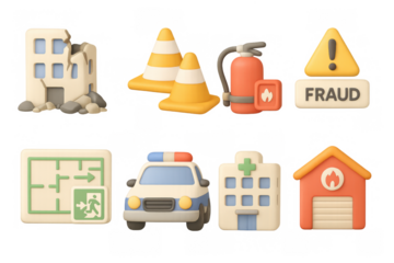 3d safety and emergency set: icons of safety equipment and emergency symbols