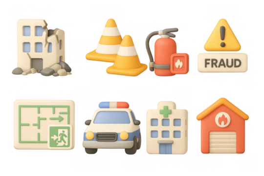 3d safety and emergency set: icons of safety equipment and emergency symbols