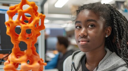 Young Scientist with 3D Printed Object featuring Science, Technology, Innovation, Research Lab Experiment 3d printing Additive manufacturing Education Student Girl Woman African american