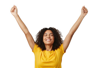 Happy young woman with curly hair celebrating success with arms raised in the air, isolated on transparent background