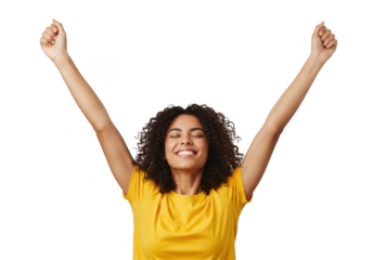 Happy young woman with curly hair celebrating success with arms raised in the air, isolated on transparent background