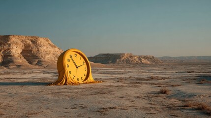 Melting Yellow Clock in Desert Landscape.