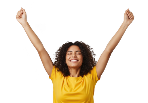 Happy young woman with curly hair celebrating success with arms raised in the air, isolated on transparent background - Powered by Adobe