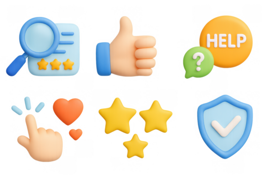 Colorful 3d social media icons set with thumbs up and help symbols