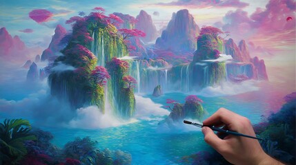 A painted seascape, featuring waterfalls cascading over fantastical islands.