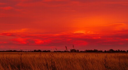 Dramatic Red Sky at Dusk Above a Golden Harvest Field and Distant Industrial Structures, Evoking an Intense and Serene Evening Landscape