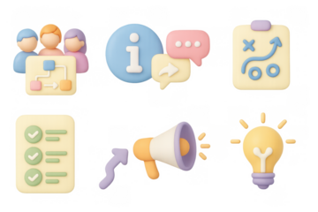 Colorful 3d business icons for communication and strategy