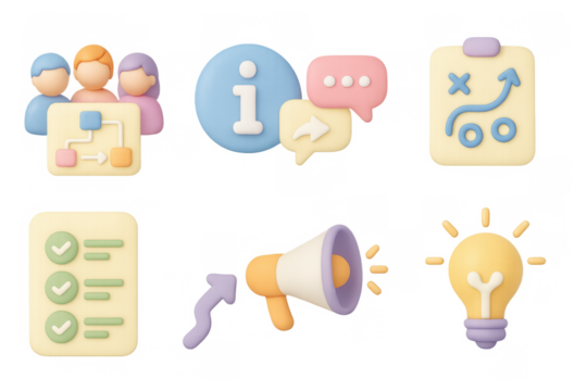 Colorful 3d business icons for communication and strategy