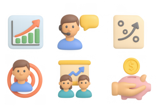 3d colorful business icons with graphs and communication elements