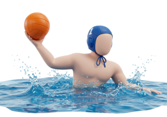 Isolated water polo player with ball, water splashes and action ready for team sport event