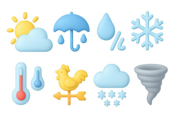 3d weather icons set featuring sun, cloud, rain, and snow elements