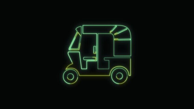  Auto Rickshaw Icon Neon Seamless Loop 4K with Black Background Animated Promotional Typography for Video Editing