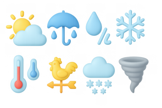 3d weather icons set featuring sun, cloud, rain, and snow elements