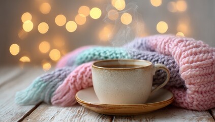 Fototapeta premium Cozy cup of coffee with a warm knitted blanket