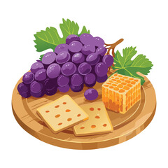 Gourmet platter with a slice of cheese, fresh grapes and crackers, elegant appetizer for a wine party - Vector Illustration