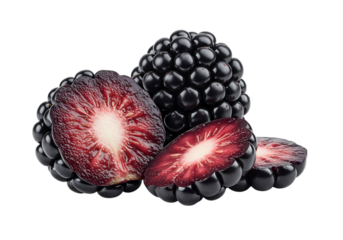 Juicy Blackberries: Close-up Photography of Fresh Berries, Sliced and Whole, Perfect for Recipes and Food Blogs on white background