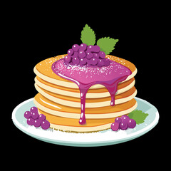 Fluffy pancakes with sweet grape sauce and fresh grapes, a delicious and unique breakfast idea - Vector Illustration