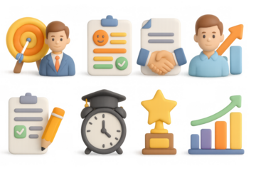 3d business and success icons with chart, trophy, and checklist