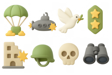Peace and war icon set with stars, parachute, and dove in clay style