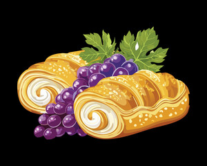 Freshly baked grape and cream cheese pastry rolls, a delicious homemade sweet for breakfast or snack - Vector Illustration