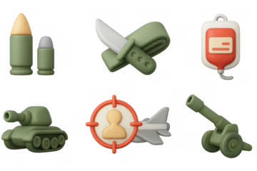 3d military icons set featuring tank, ammunition, and radar