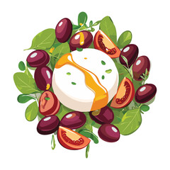 Fresh burrata cheese salad with grape, olive, and basil, a healthy and delightful meal on a green plate - Vector Illustration